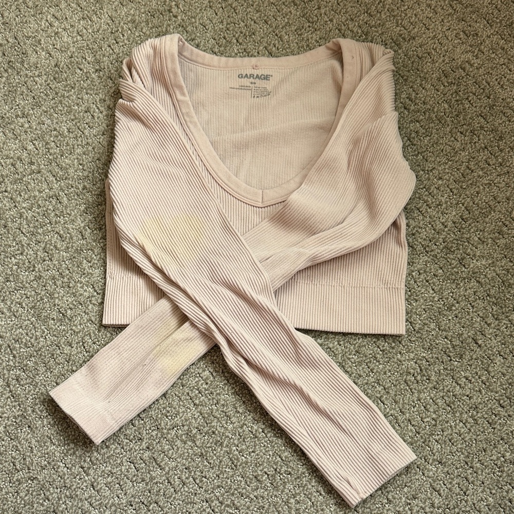Garage Blush Ribbed V-Neck Top